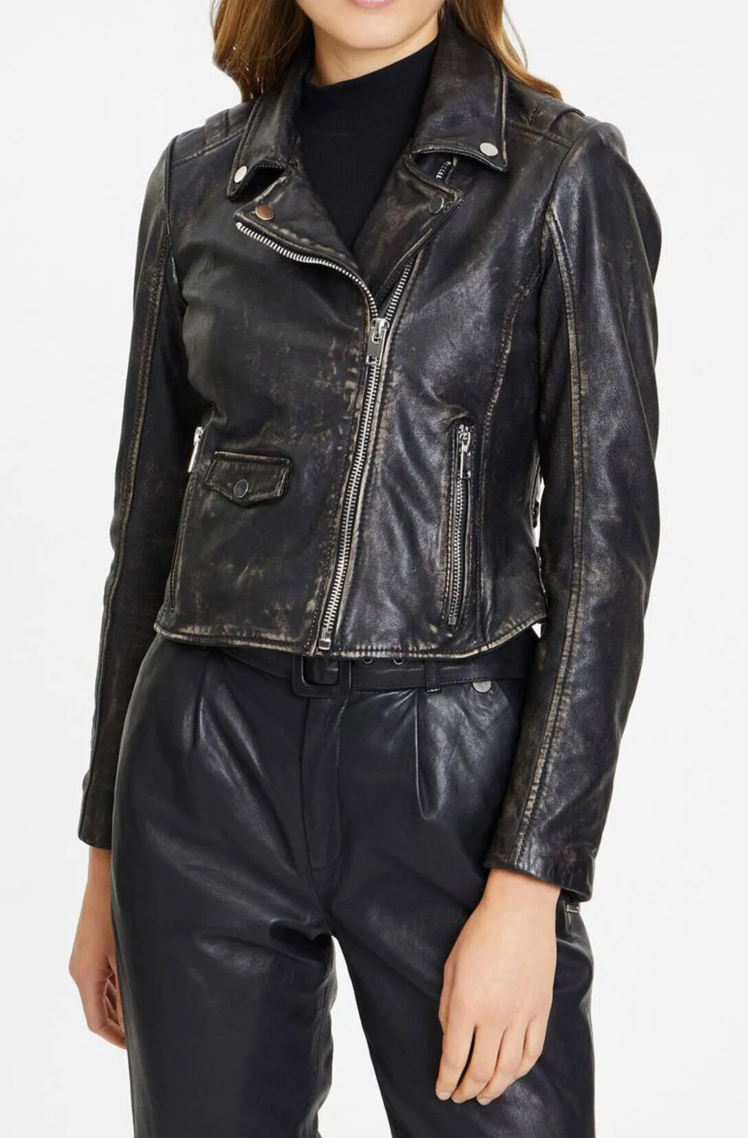 Women's black leather jacket dovea biker style