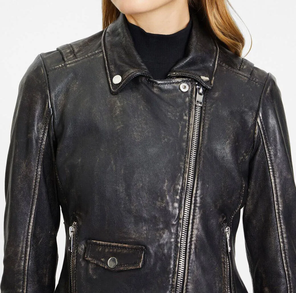 Women's black leather jacket dovea biker style