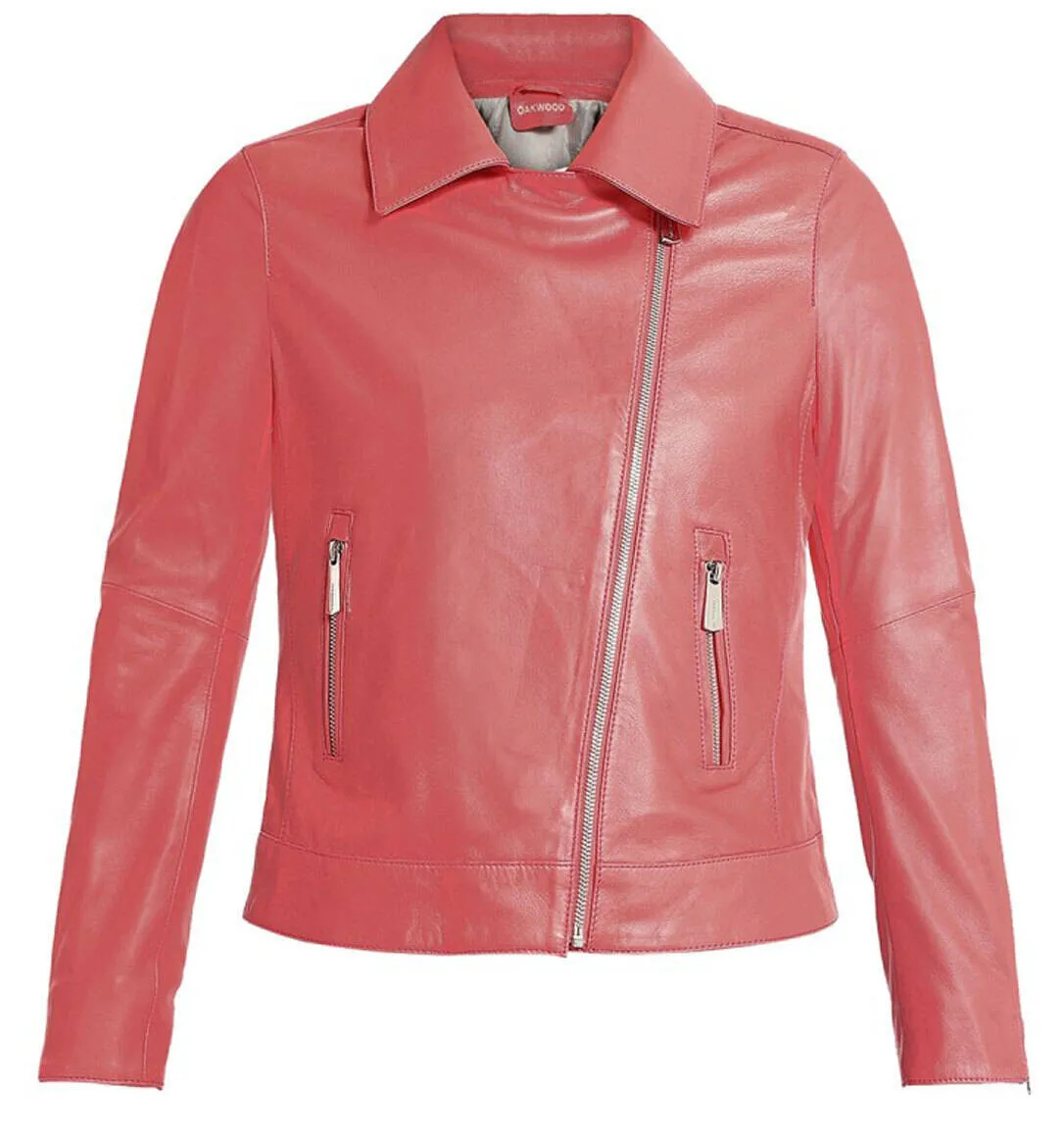 Women's dark pink oakwood biker style leather jacket \64792\