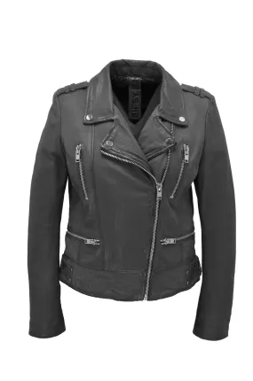 Women's gray biker style leather jacket 2101-0176