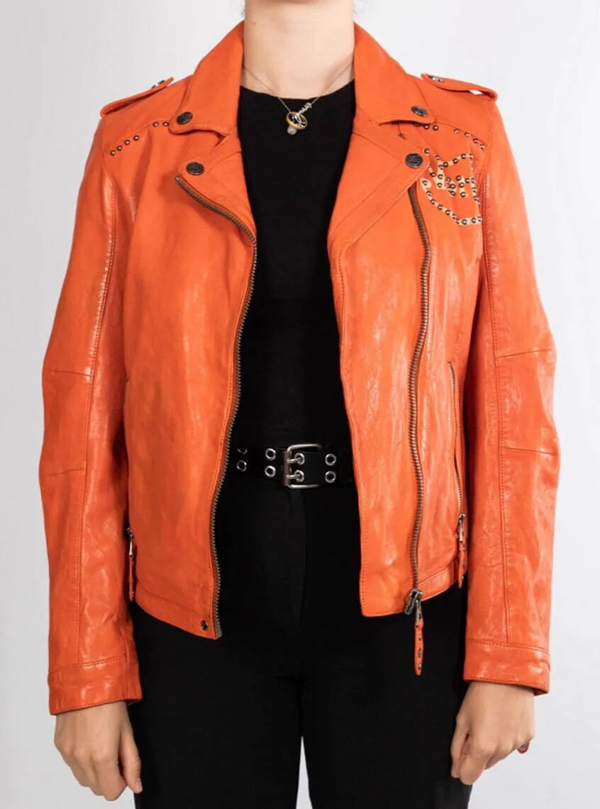 Women's orange biker style rose garden leather jacket lacosta