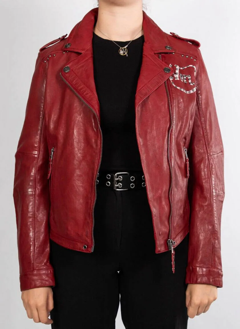 Women's red biker style rose garden leather jacket lacosta