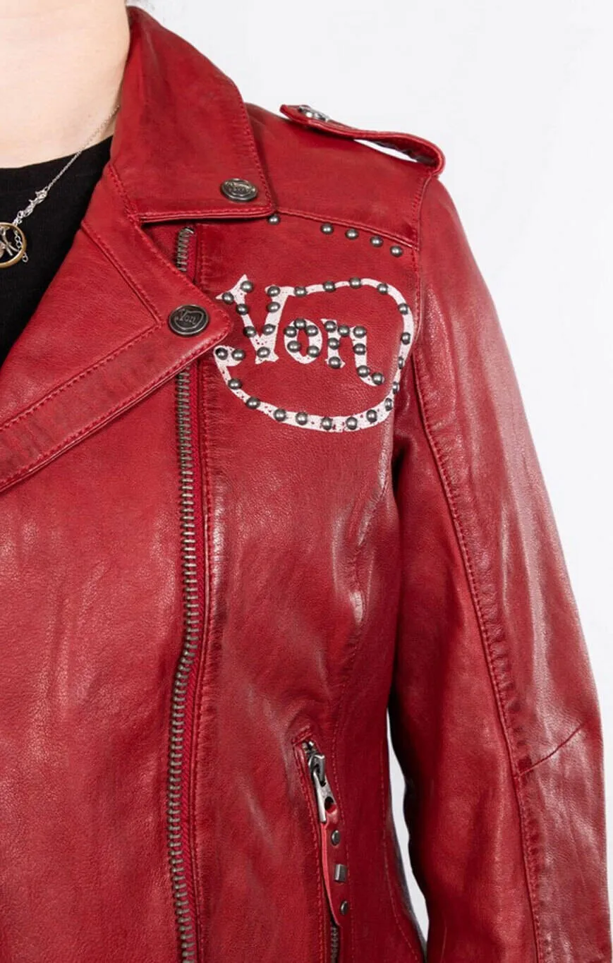 Women's red biker style rose garden leather jacket lacosta