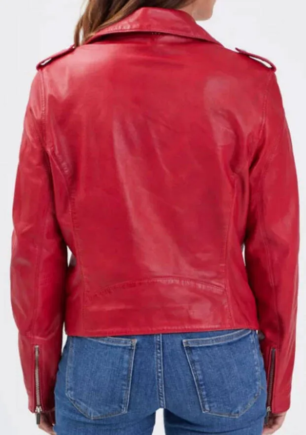 Women's red chili leather jacket biker style 101997