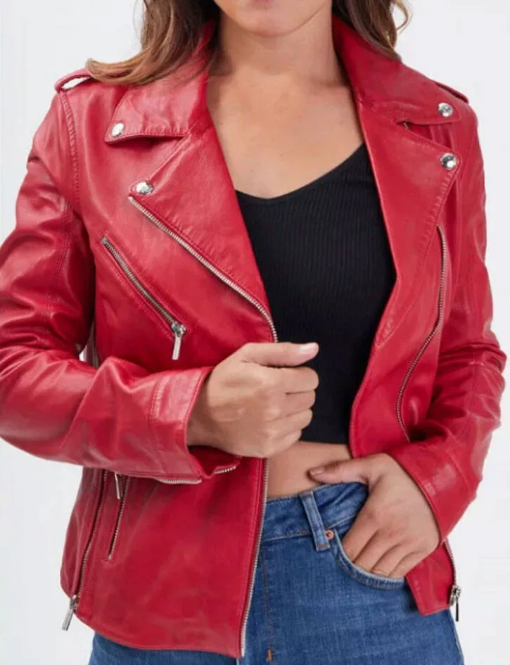 Women's red chili leather jacket biker style 101997