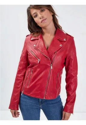 Women's red chili leather jacket biker style 101997