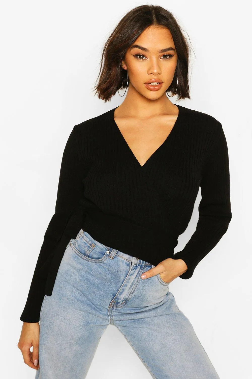 Wrap Tie Rib Knit Cropped Cardigan