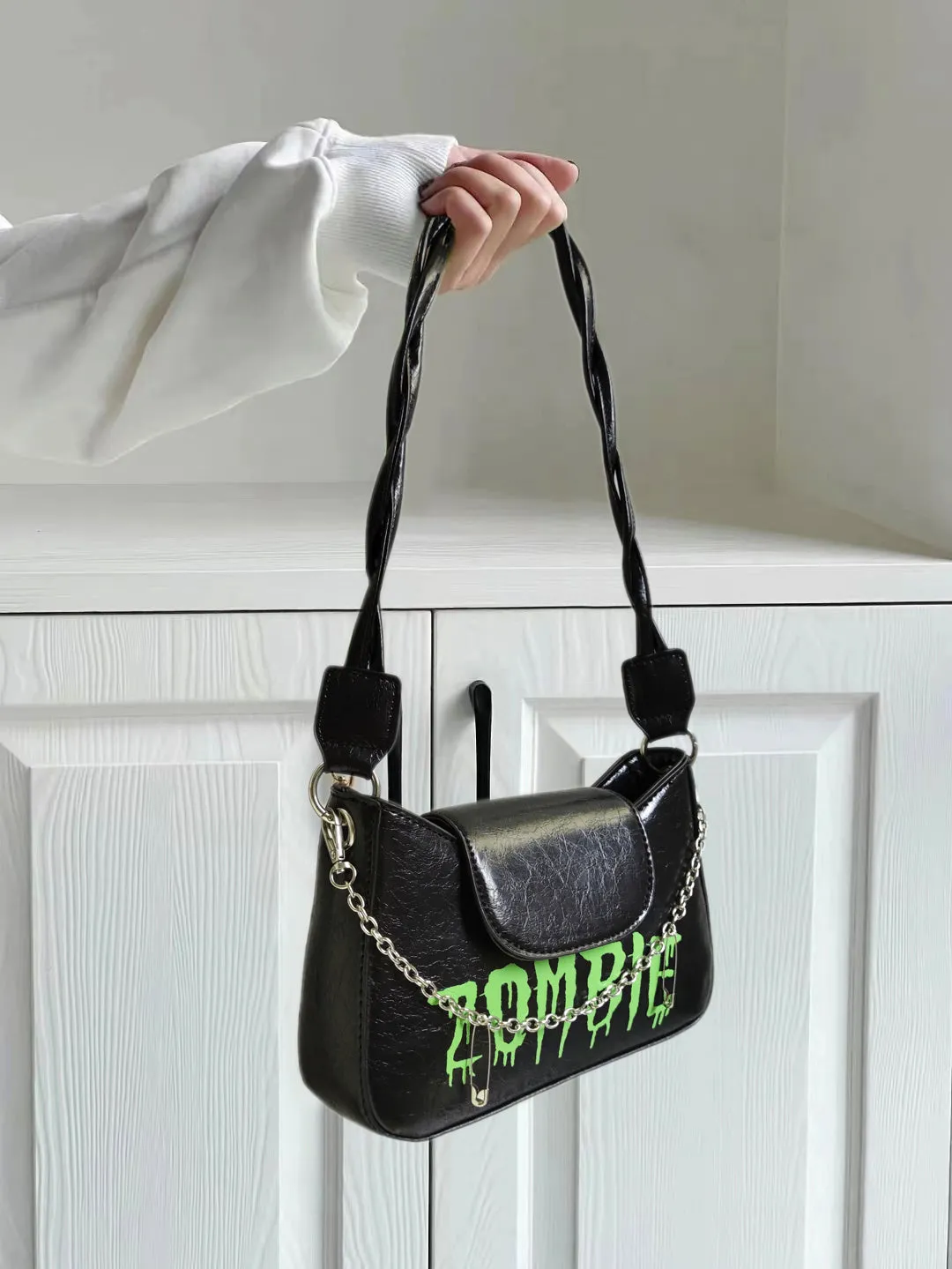 ZOMBIE Faux Leather Black Chain Strap Handbag