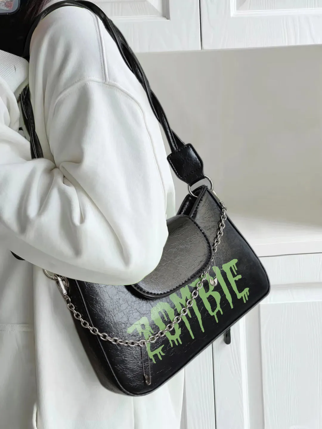 ZOMBIE Faux Leather Black Chain Strap Handbag