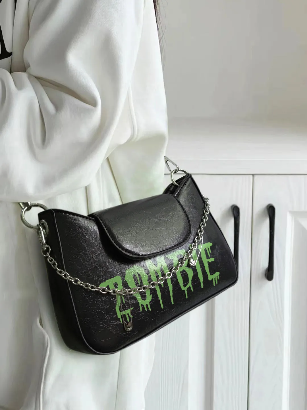 ZOMBIE Faux Leather Black Chain Strap Handbag