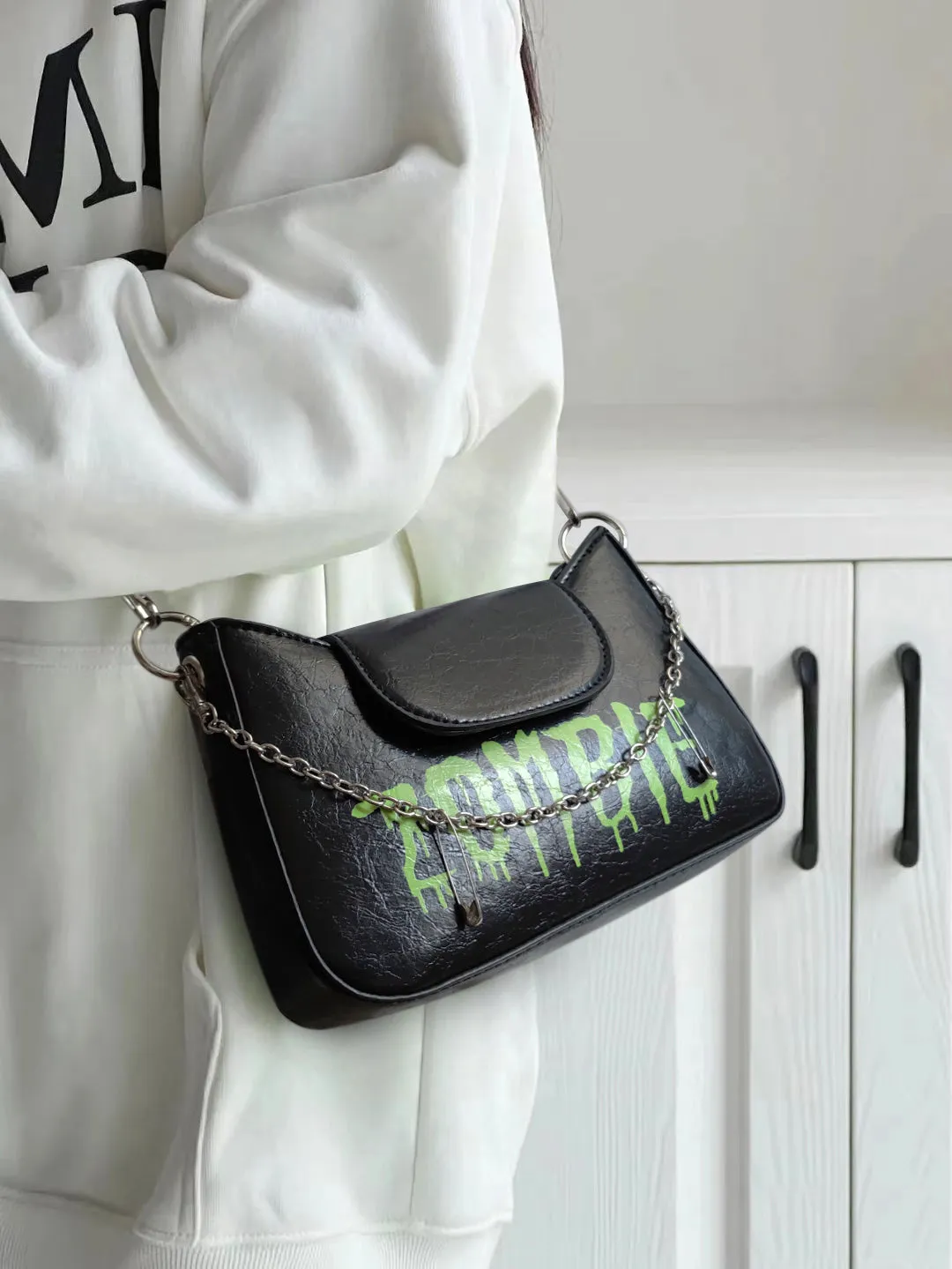 ZOMBIE Faux Leather Black Chain Strap Handbag