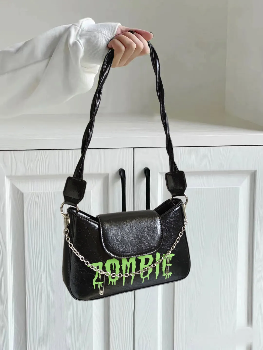 ZOMBIE Faux Leather Black Chain Strap Handbag