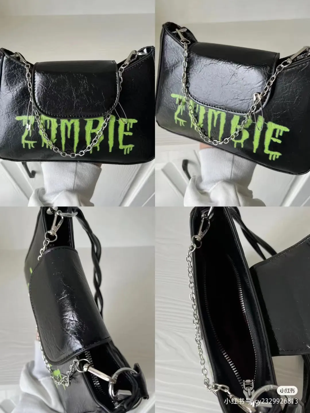 ZOMBIE Faux Leather Black Chain Strap Handbag